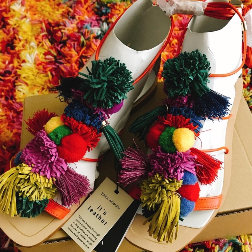 Zara White Leather Sandals with Multicolor Pom-Poms